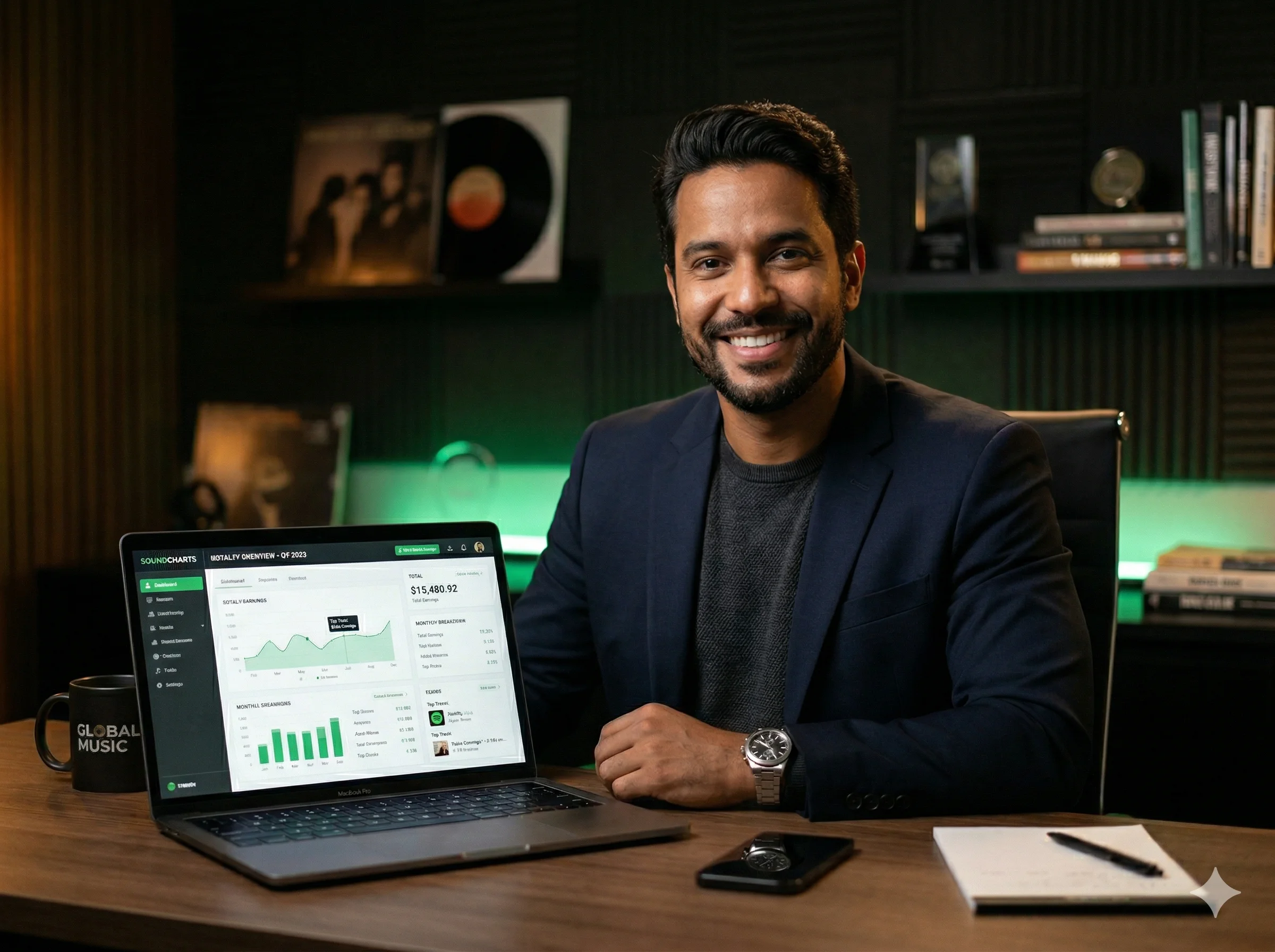 Profissional de música satisfeito usando o software de royalties