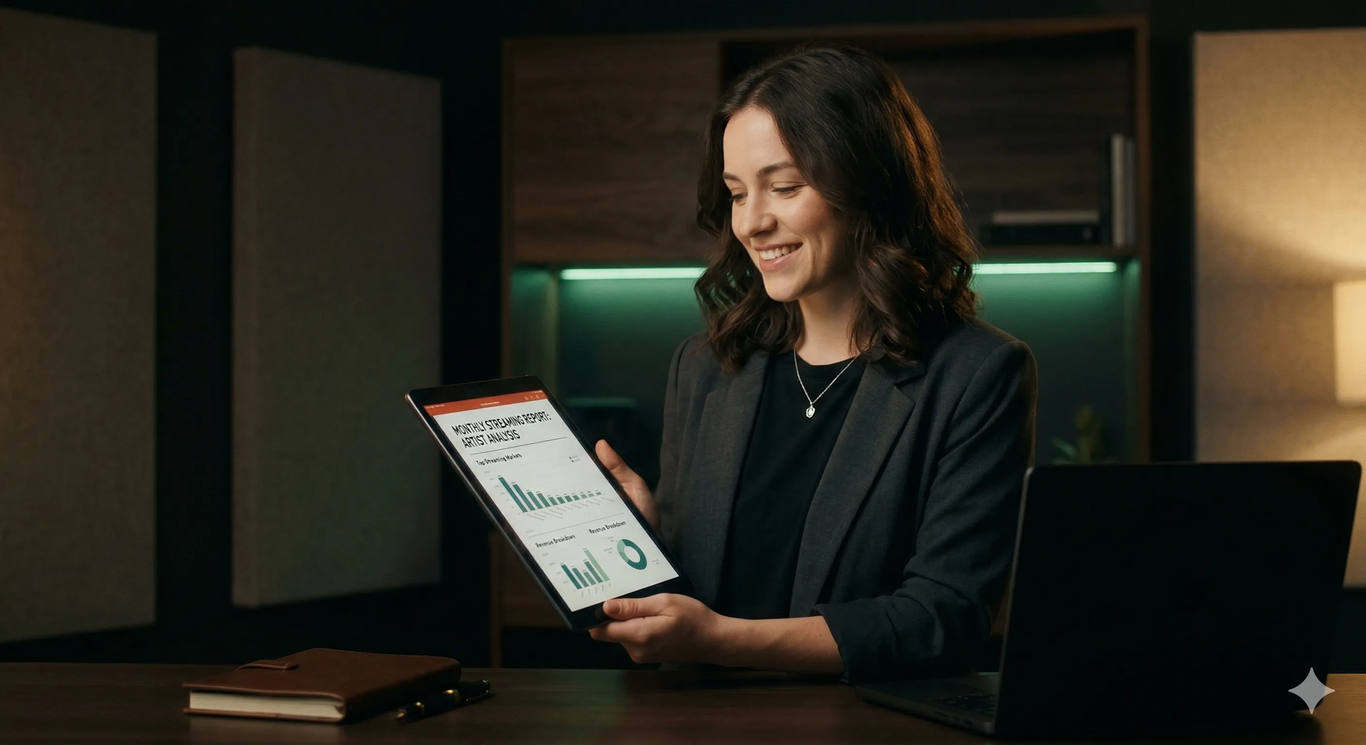 Profissional revisando relatório em tablet